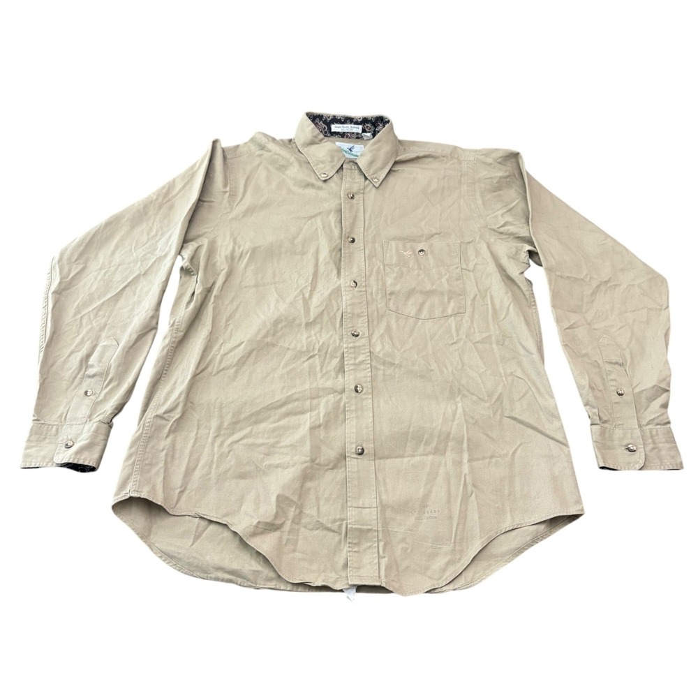 Vintage Flying Scotsman USA Made Tan Cotton Button Down Shirt Paisley Flip Cuffs